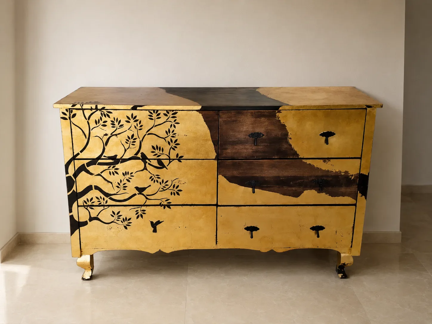 Commode ancienne restaurée et dorée à la feuille.