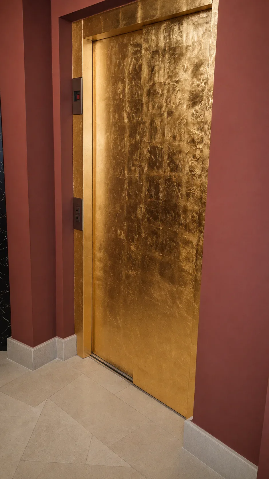 Porte d’ascenseur en dorure à la feuille d’or.